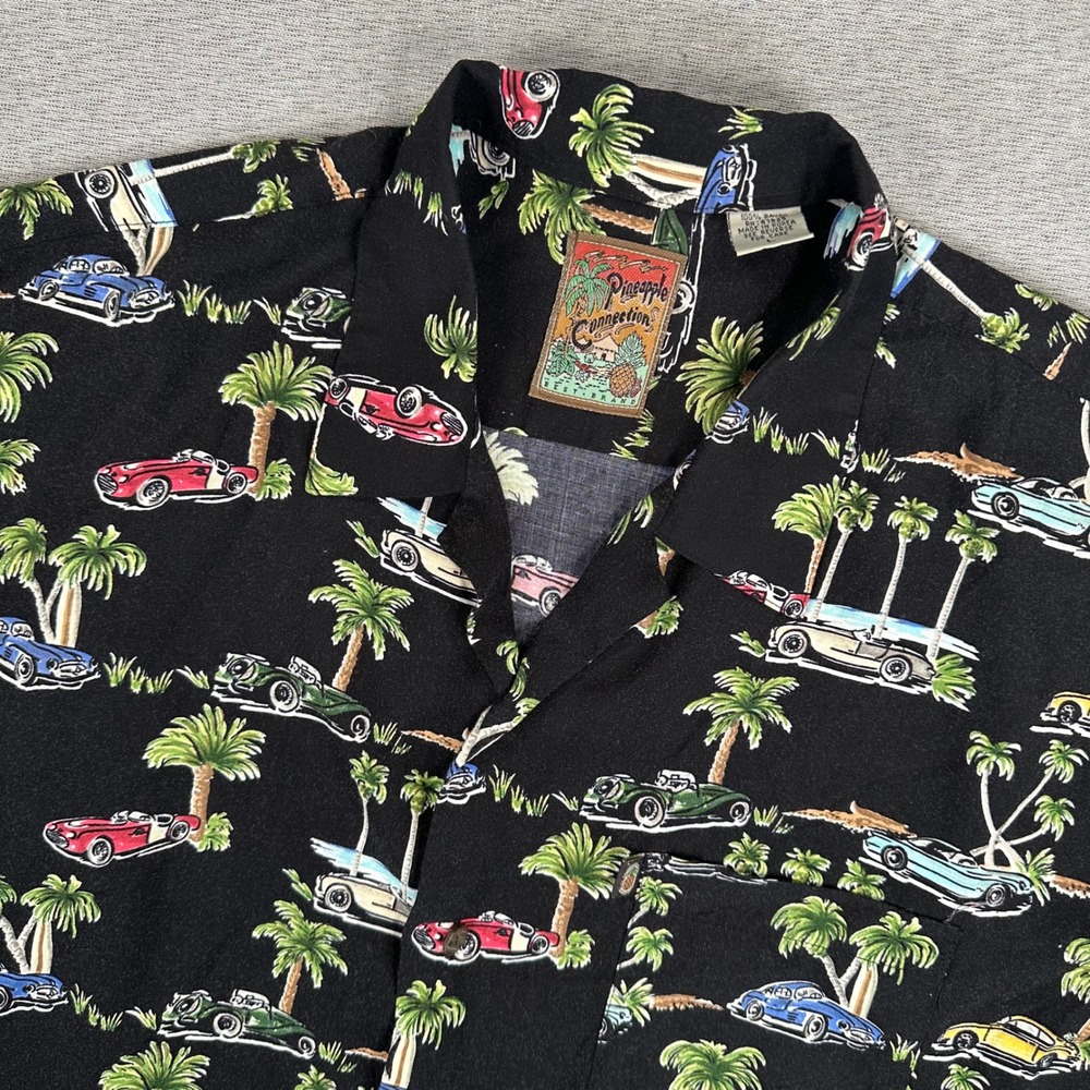 Pineapple Connection Hawaiian Shirt Mens L Black Classic Cars Palm Trees Rayon